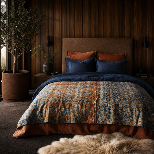 Half Kantha Dohar Quilt - Copper Rain / Blue Iris - One of a Kind