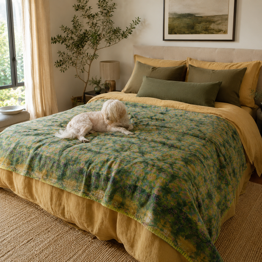 Full Kantha Dohar Quilt - Lilac Garden / Moss - One of a Kind