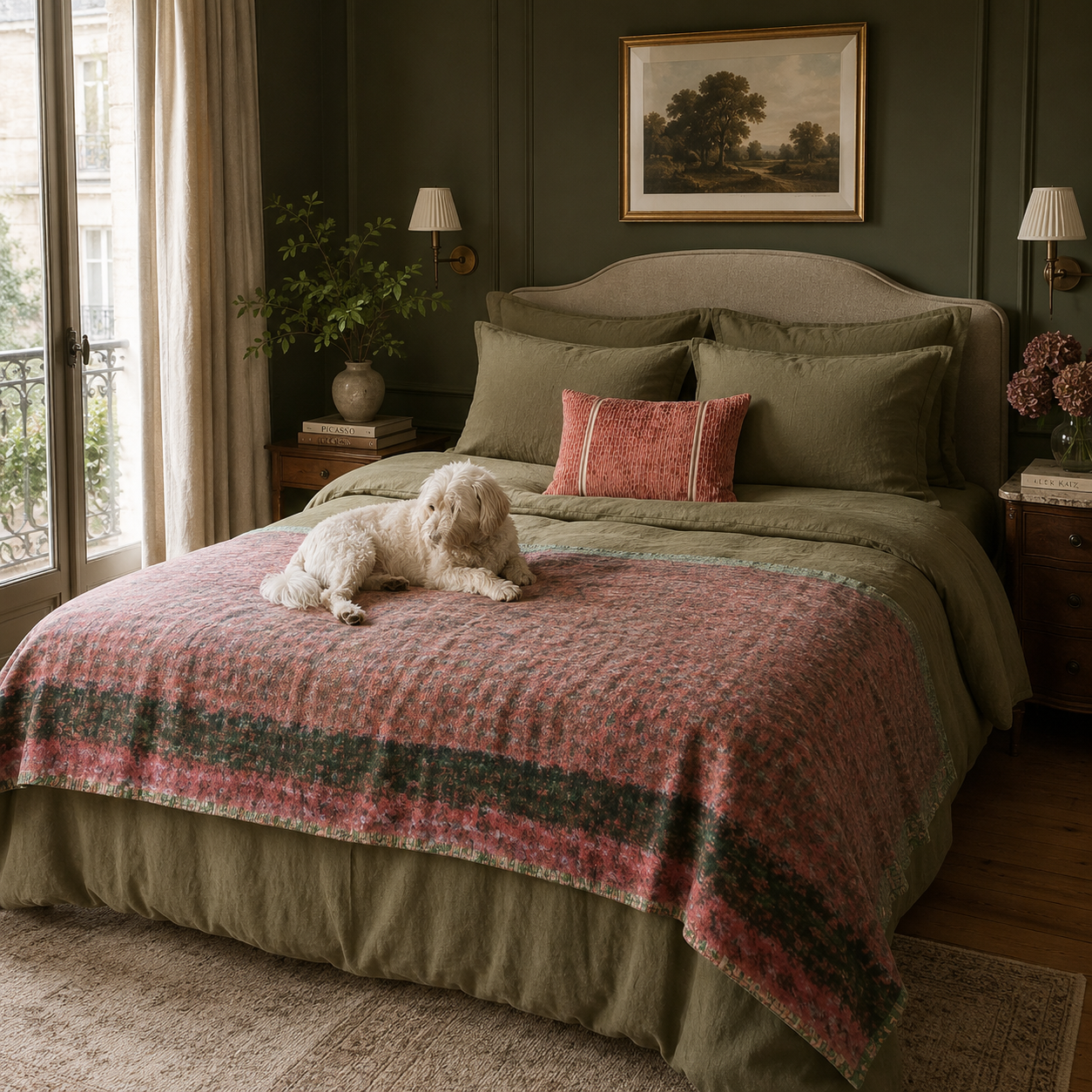 Half Kantha Dohar Quilt - Coral Grove / Moss - One of a Kind