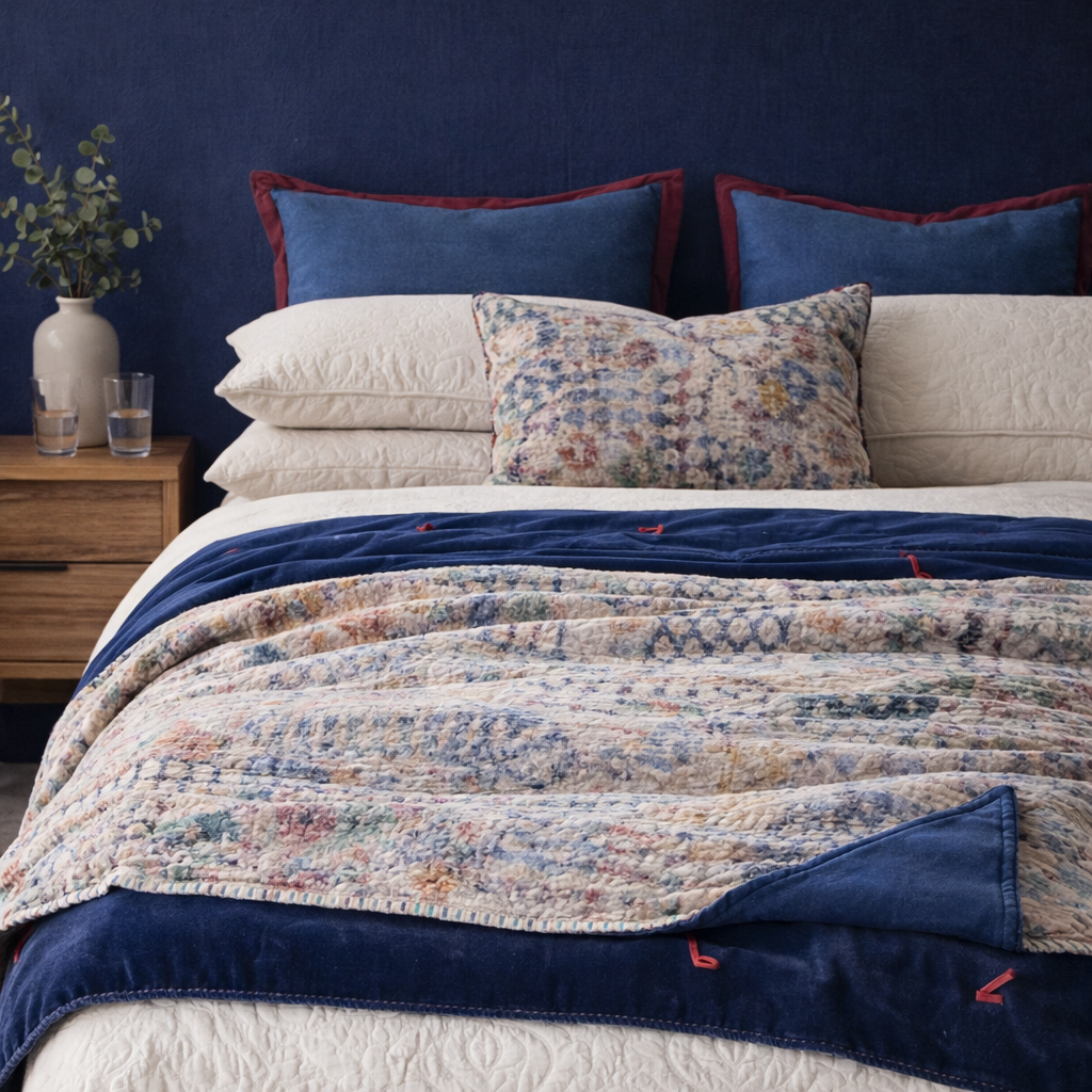 Half Kantha Doha Quilt - Blue Iris Q.BI 115