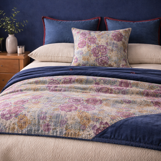 Half Kantha Doha Quilt - Blue Iris Q.BI 111