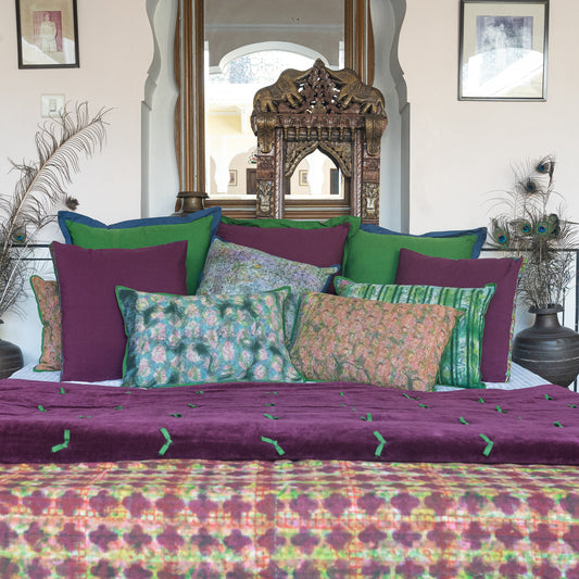 Half Kantha Dohar Quilt - Underprint - Lattice / Moss - One-of-a-kind