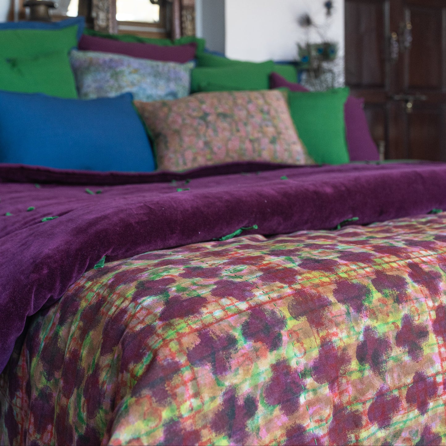 Half Kantha Dohar Quilt - Underprint - Lattice / Moss - One-of-a-kind