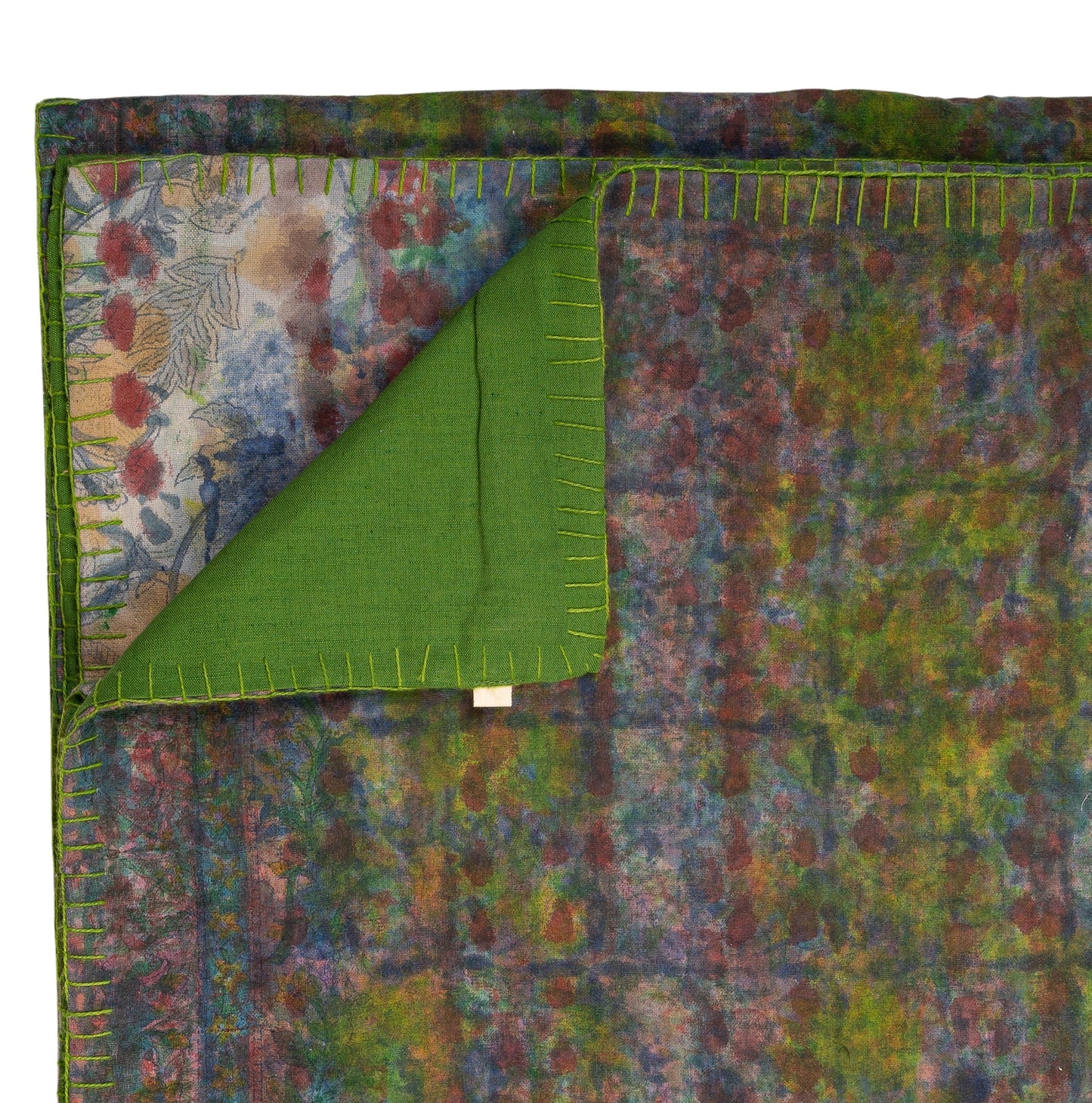 Half Kantha Dohar Quilt - Moody Plums / Moss - One of a Kind