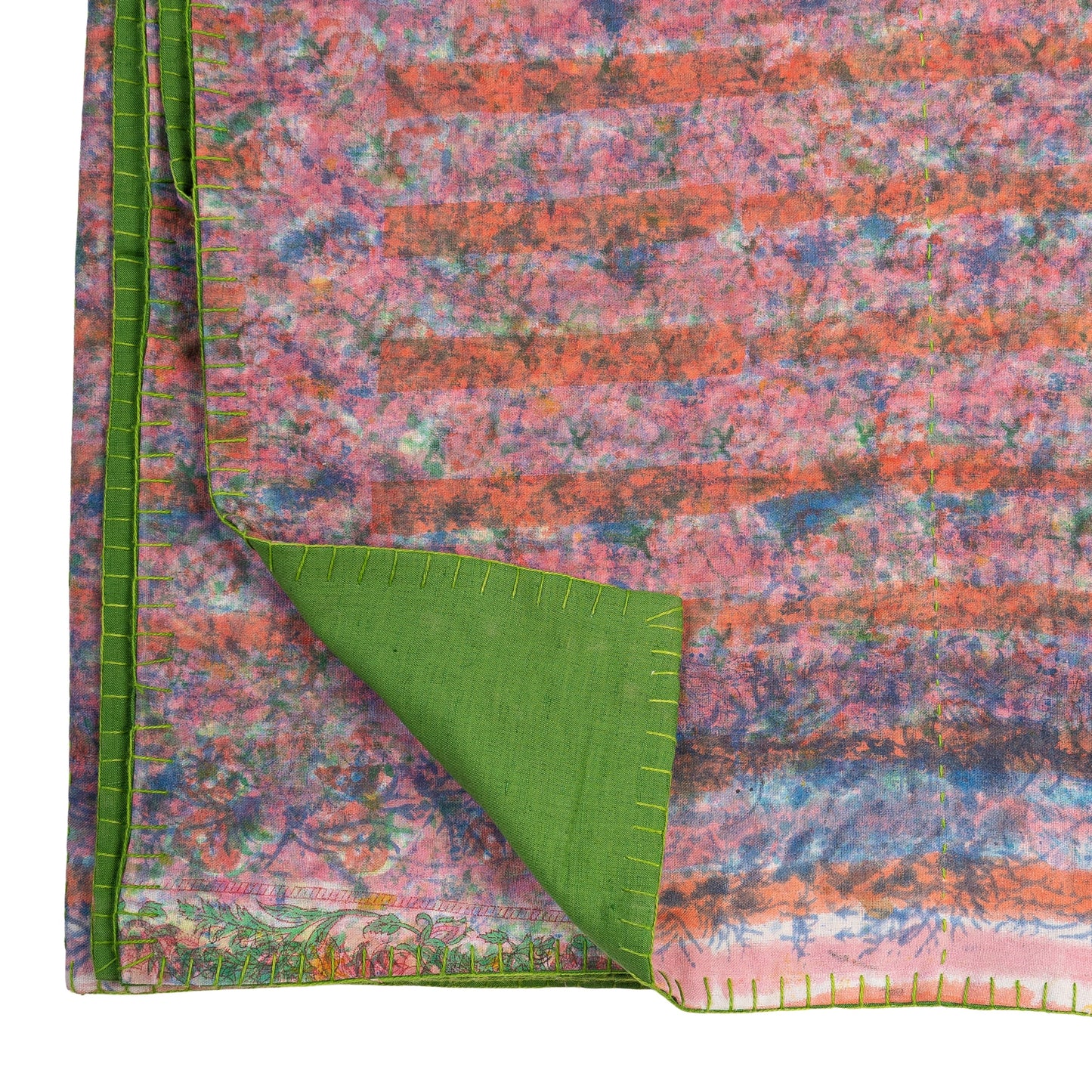 Half Kantha Dohar Quilt - Blue Sprigs / Moss - One of a Kind