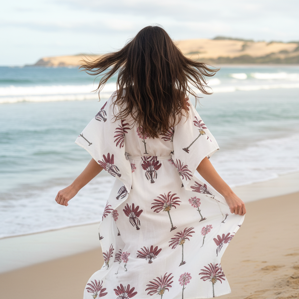 Back view windswept kaftan on beach