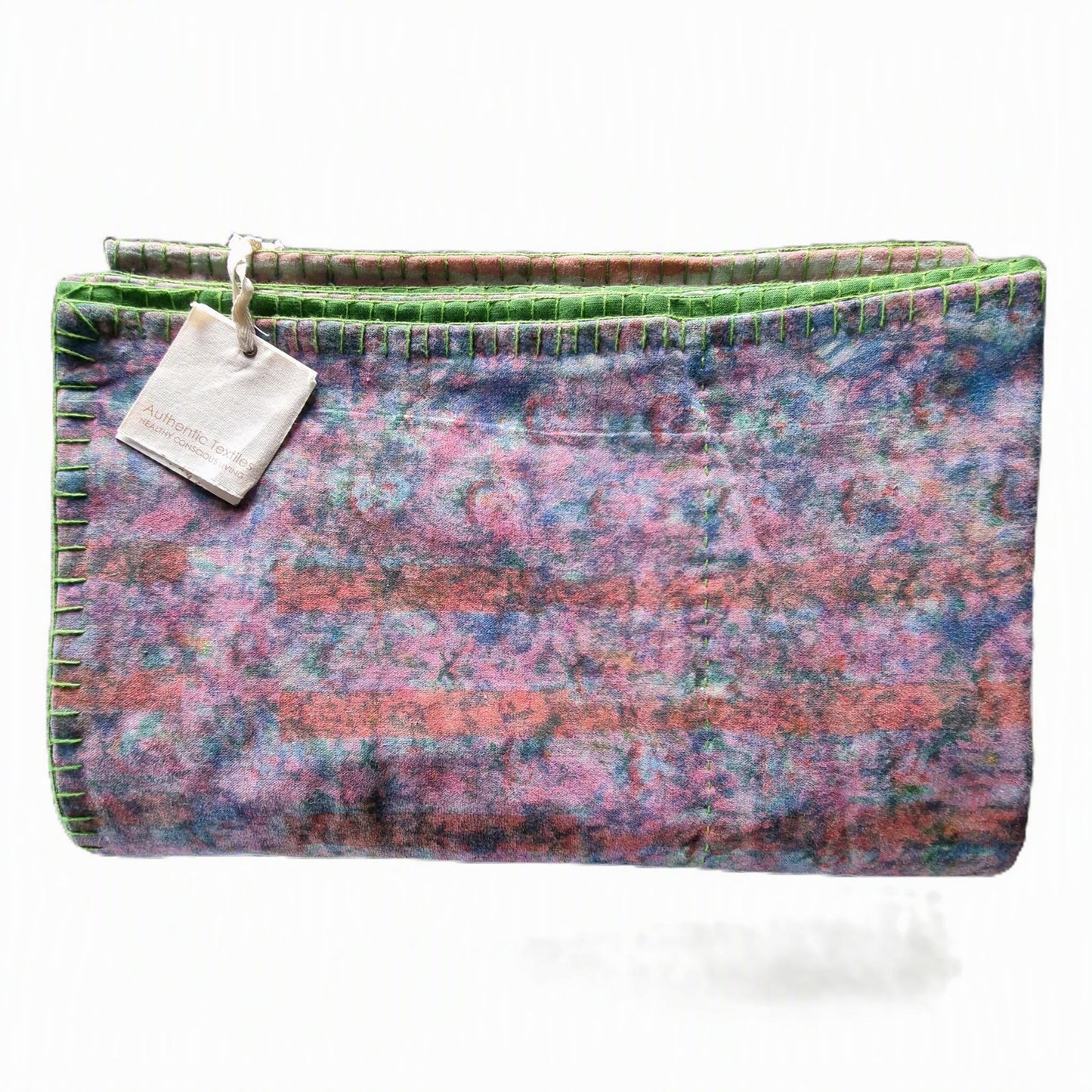 Half Kantha Dohar Quilt - Blue Sprigs with Strawberries / Moss - One of a Kind