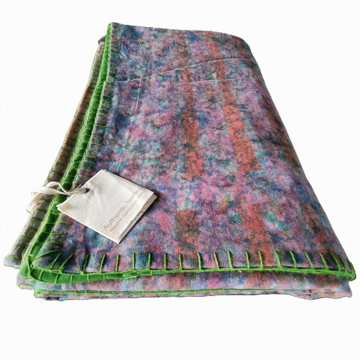 Half Kantha Dohar Quilt - Blue Sprigs with Strawberries / Moss - One of a Kind