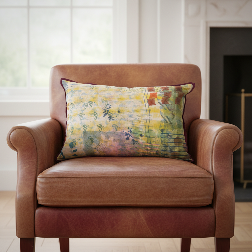 Luxury cushion on tan-burgundy leather chair