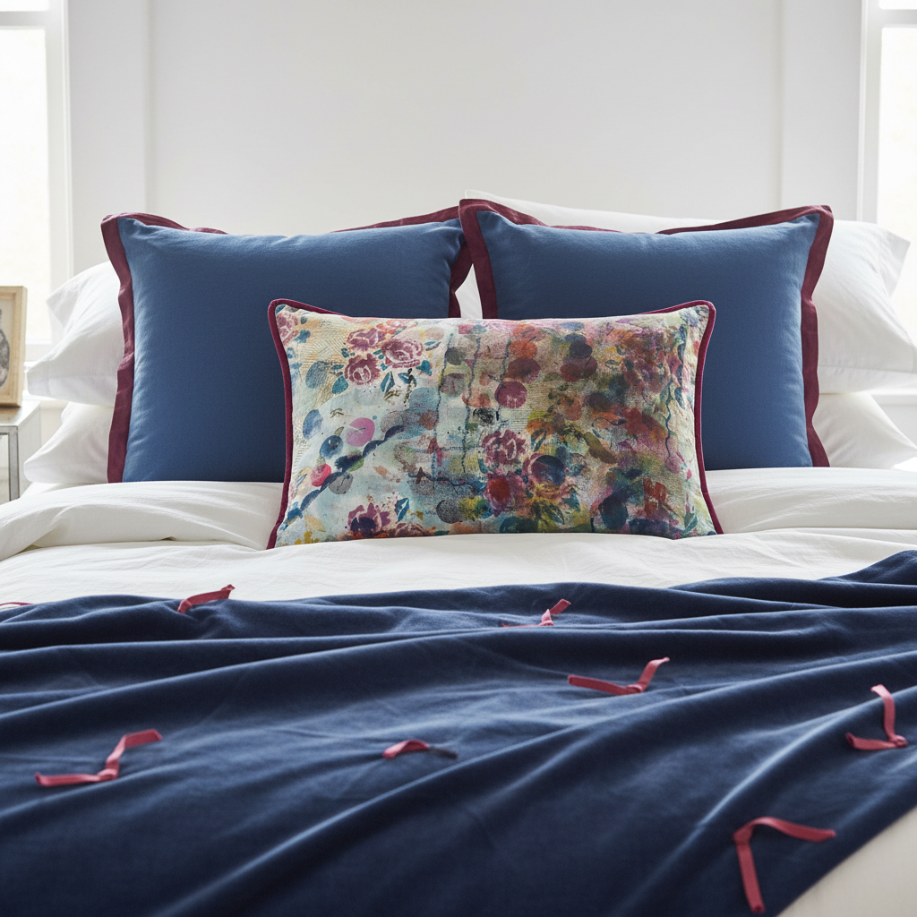 Luxury bed setting with floral cushion, Euro cushions and iris blue velvet throw