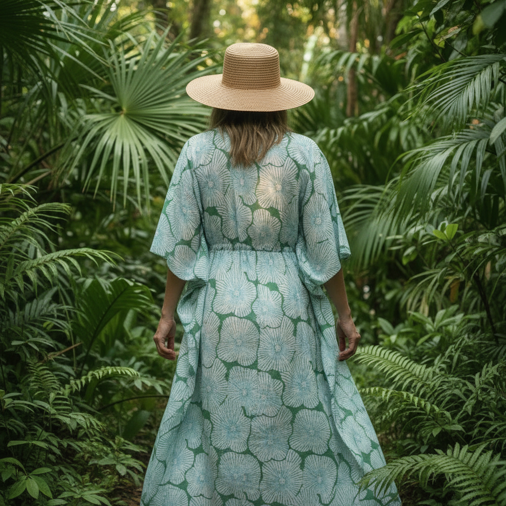 Close-up back view of ginkgo kaftan in tropical forest