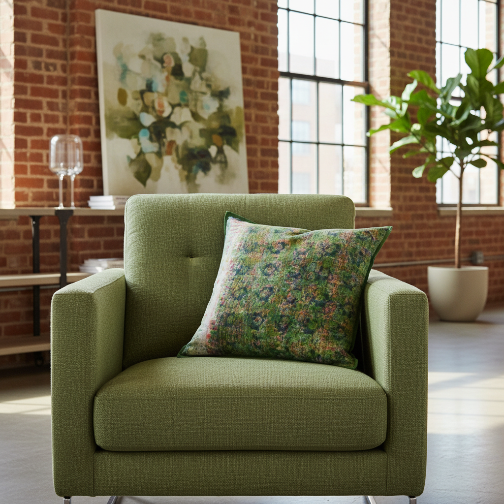 Cushion with top fold on organic green linen chair in New York loft