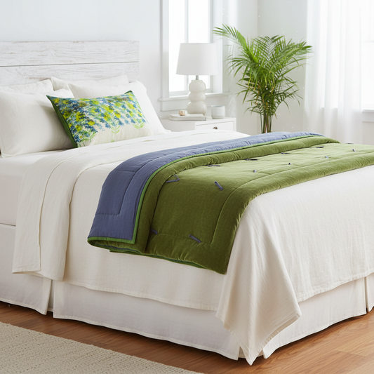 Beach-vibe bed setting with Painted Peaks cushion and moss velvet quilt