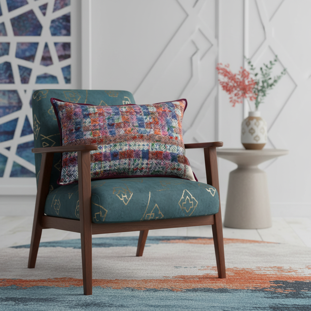 Modern Indian editorial shot with horizontal striped cushion