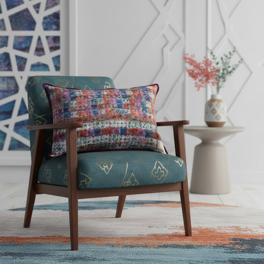 Modern Indian editorial shot with horizontal striped cushion