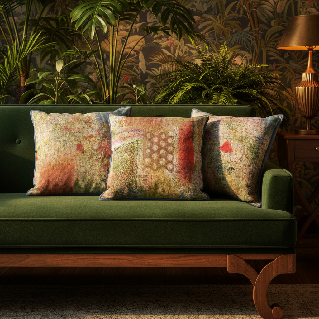 Three Blue Iris underprint cushions - hero editorial shot on jewel-toned sofa