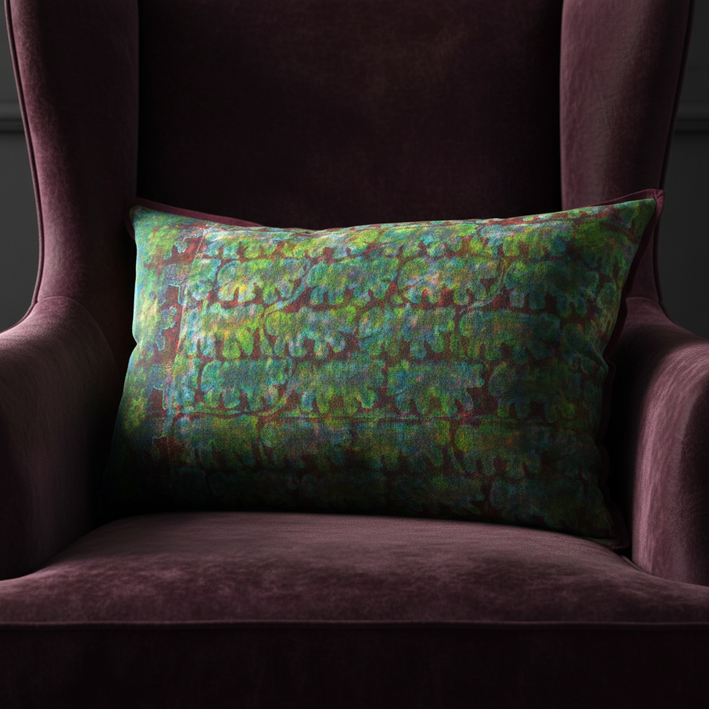 Editorial close-up of artisan cushion on dark damson velvet chair