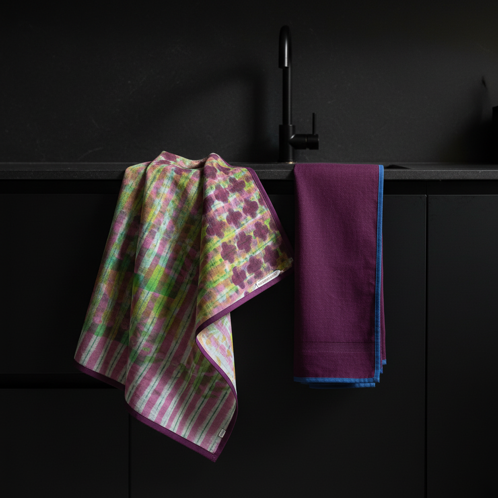 Damson underprint and plain damson kitchen towels draped over a matte black towel rail in a black kitchen