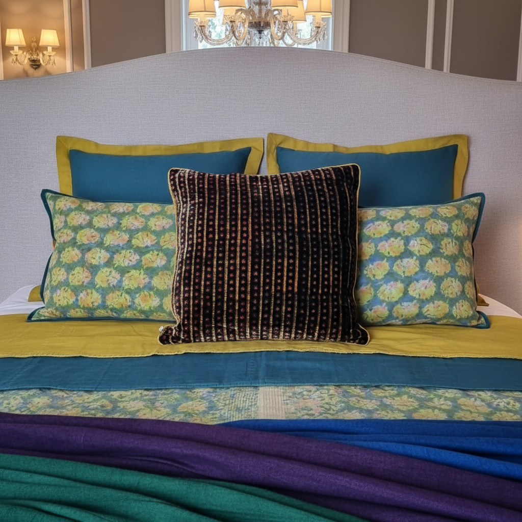 Luxurious high-end bed setting with Silk Velvet Jasper cushion