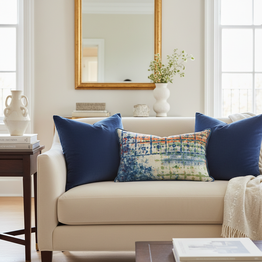 Luxury interior setting with Indigo Grid Coastal and blue iris box cushions