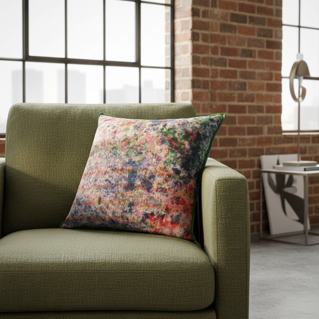 Cushion on organic green linen chair in New York loft setting