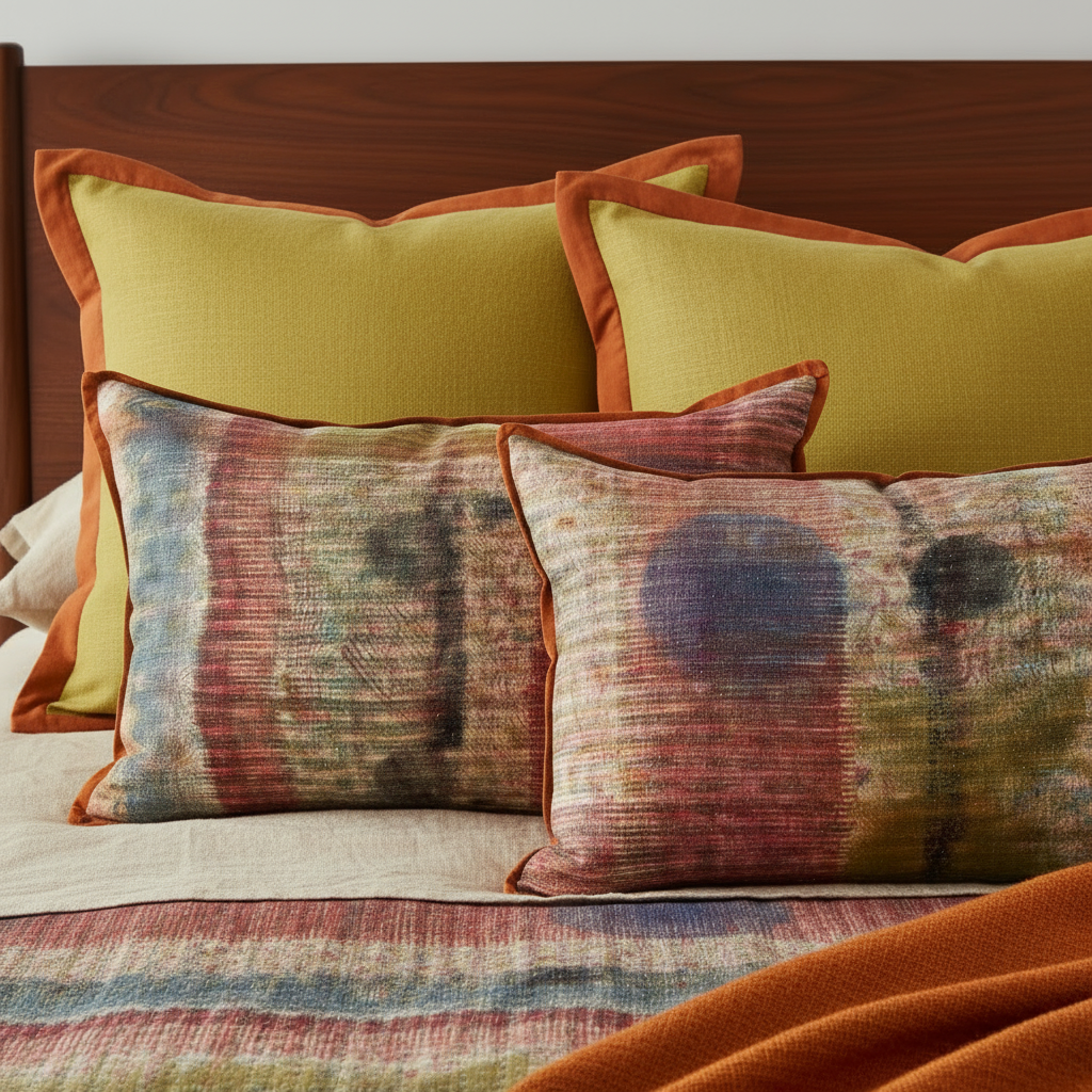 Eclipse underprint 40x60 cushion pair on mid-century walnut bed with citrine euros and wide flat carnelian flange, kantha quilt and burnt orange mohair throw