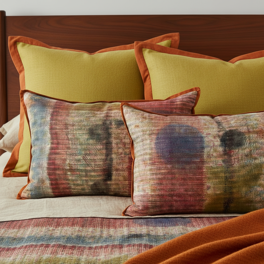 Eclipse underprint 40x60 cushion pair on mid-century walnut bed with citrine euros and wide flat carnelian flange, kantha quilt and burnt orange mohair throw