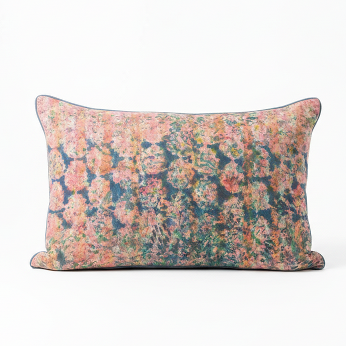 Coral Bloom cushion cover 40x60cm - blush pink and teal underprint on white background