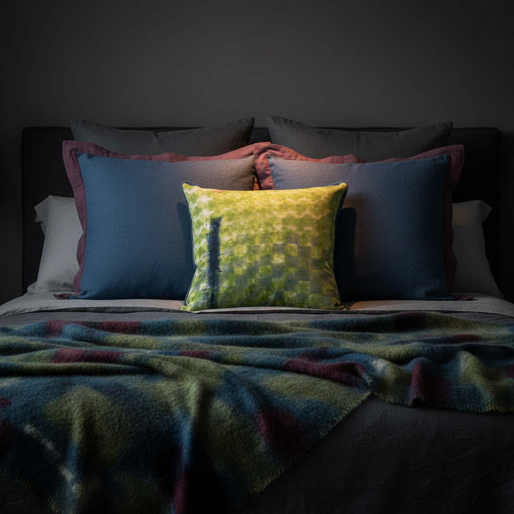 Green underprint 55x55 cushion as hero on moody dark bed with iris blue euros and wide damson flange, abstract mohair throw