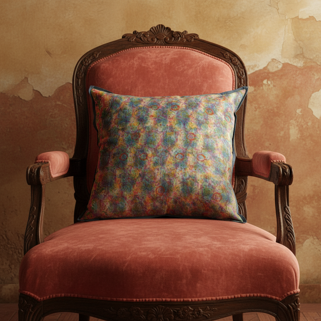 Multicolour underprint cushion with slate blue flange on an ornate deep coral velvet Indian heritage chair