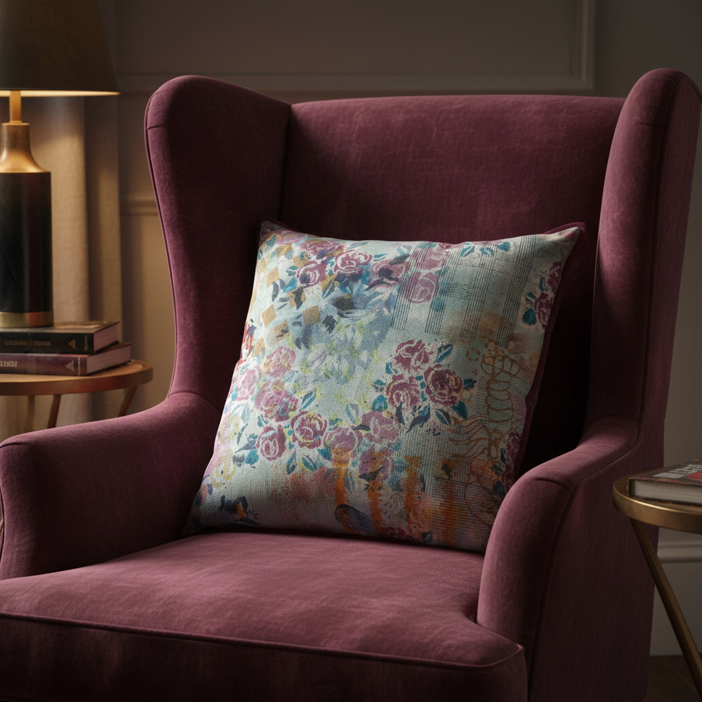 Vintage Rose cushion on deep damson velvet chair with ochre yellow stripes