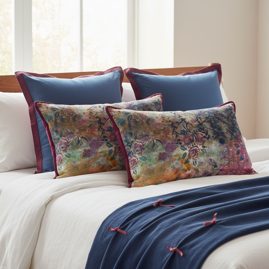 Luxury bed setting with two distinct floral cushions, Euro cushions and velvet throw