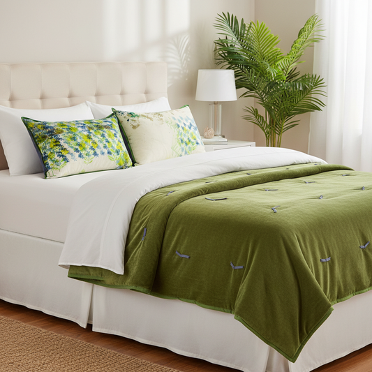 Beach-vibe bed setting with Meadow Morning Zest cushions and moss velvet quilt