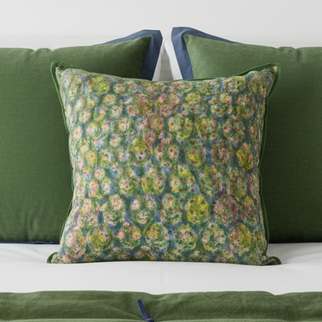 Luxury bed setting with spring garden cushion and moss green velvet