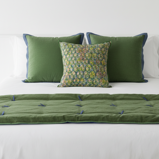 Luxury bed setting with spring garden cushion and moss green velvet