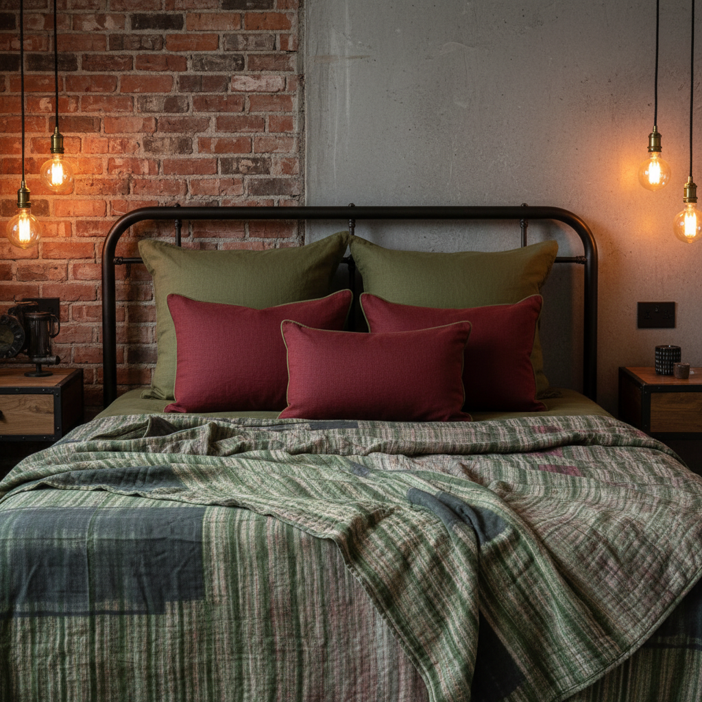 Luxury industrial bed with olive euros, plain red cushions with olive piping, and artisan quilt