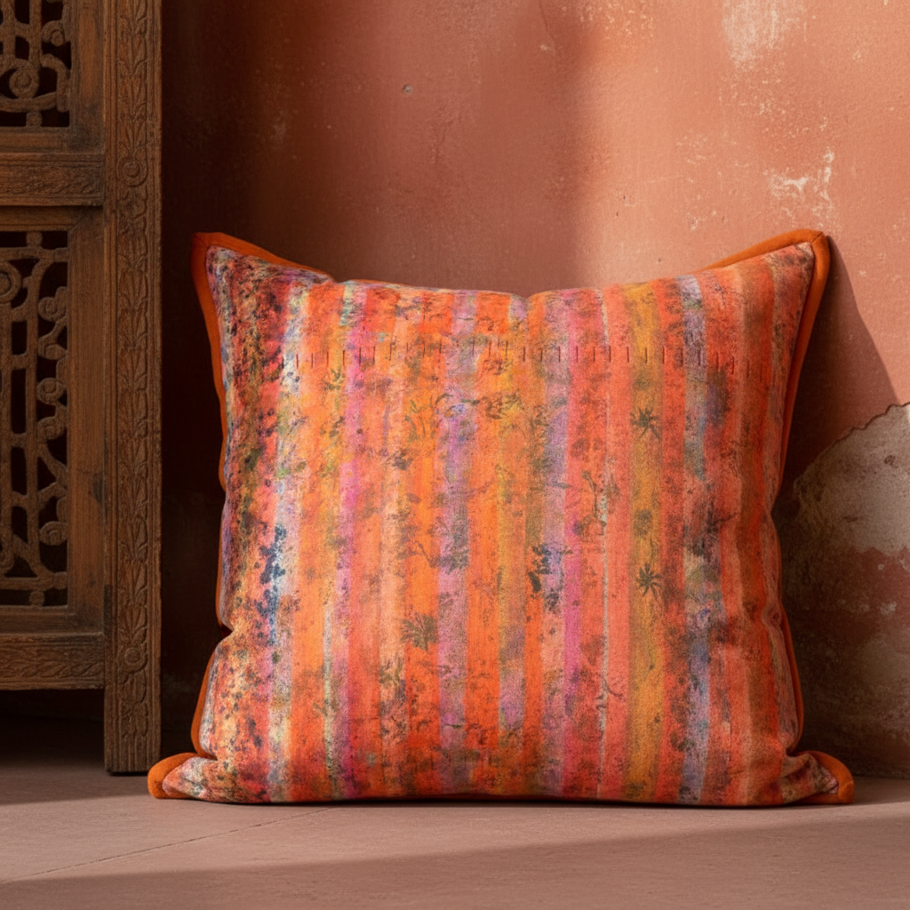 Jaipur Sunset cushion in Indian heritage setting with terracotta and burnt orange