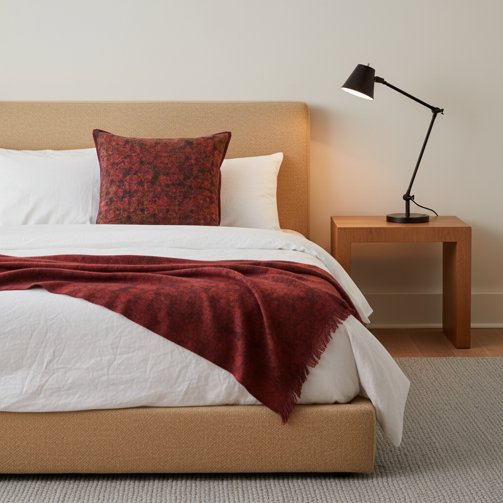 Burnt Sienna cushion in modern editorial bedroom with Artemide Tizio lamp on oak bedside table