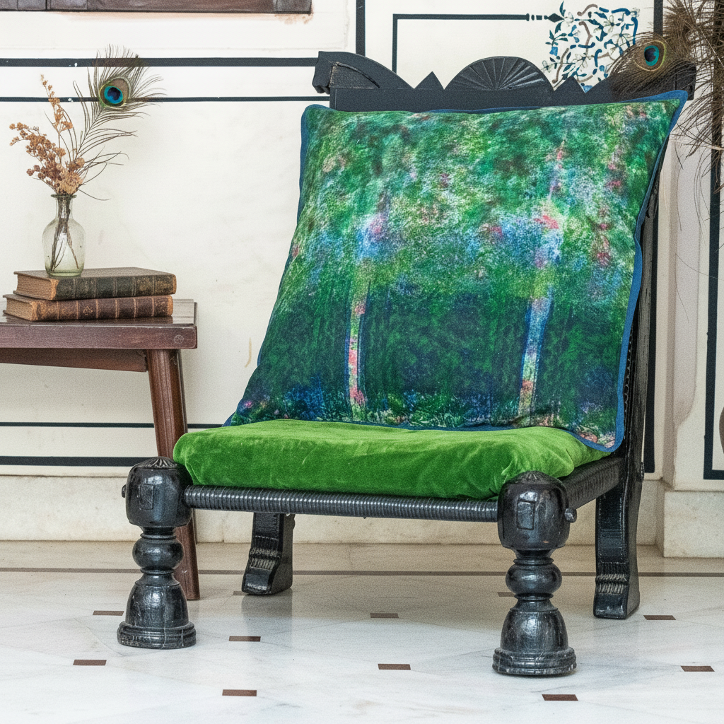 Emerald Royale cushion on vintage black carved chair with sophisticated styling