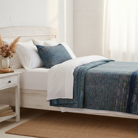 Shabby chic queen bed setting with deep teal kantha quilt, dark navy horizontal bands, dusty pink sage abstract underprint, crisp white linen, matching fabric cushion