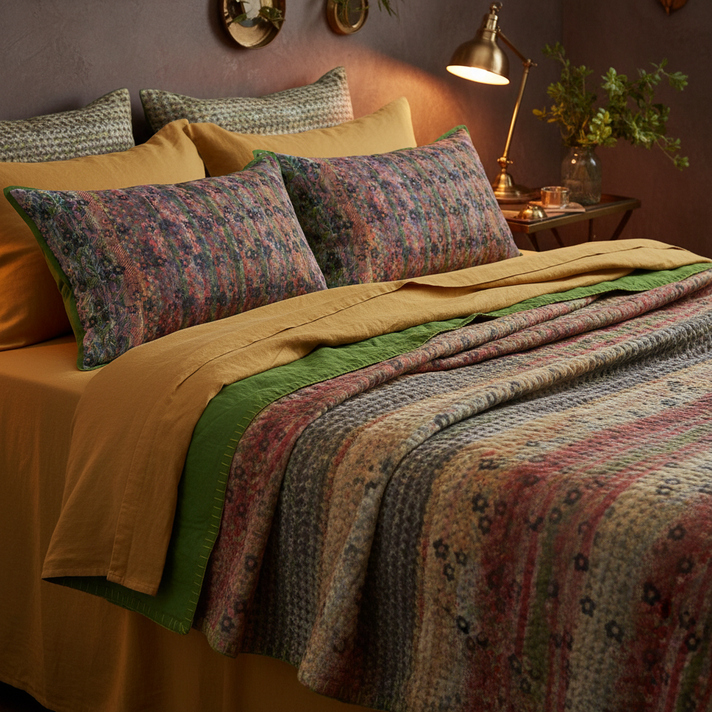 Striped quilt with matching cushions on mustard linen bed