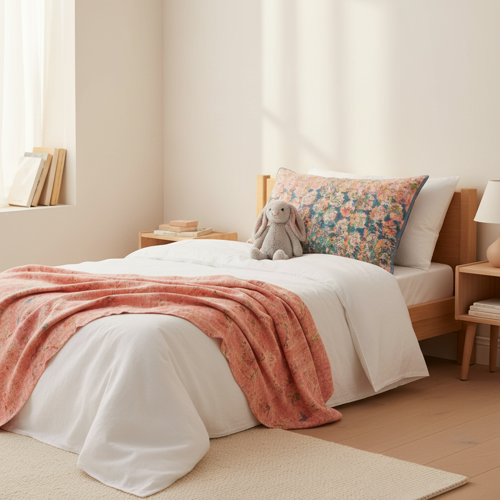 Coral Stripe Indigo cushion proportioned on 90cm single bed with coral throw and Jellycat bunny