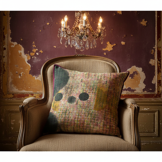 Artisan cushion on raw hessian French chair with damson and ochre peeling walls and chandelier