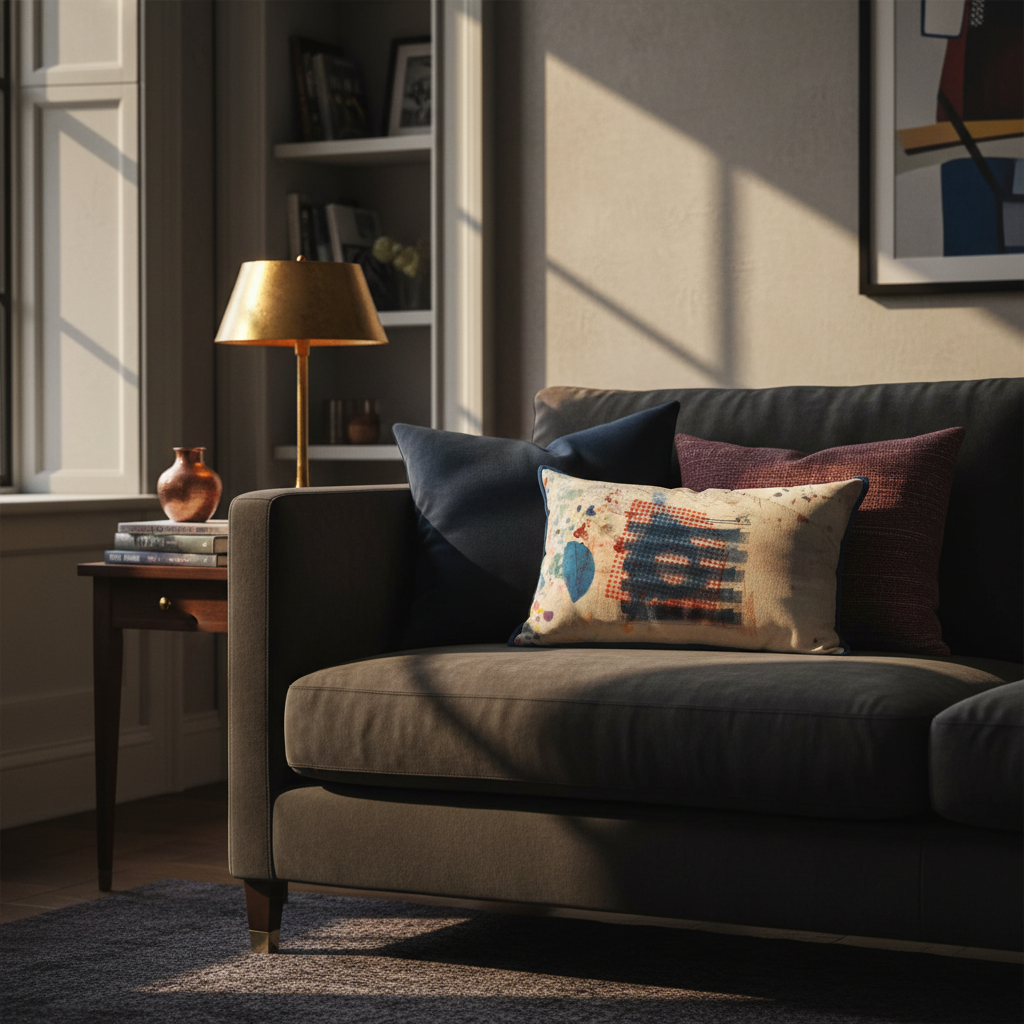Realistic moody interior setting with Blue Grid Abstract cushion