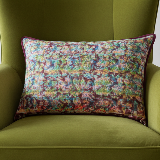 Editorial close-up of artisan cushion on organic leaf green luxury chair