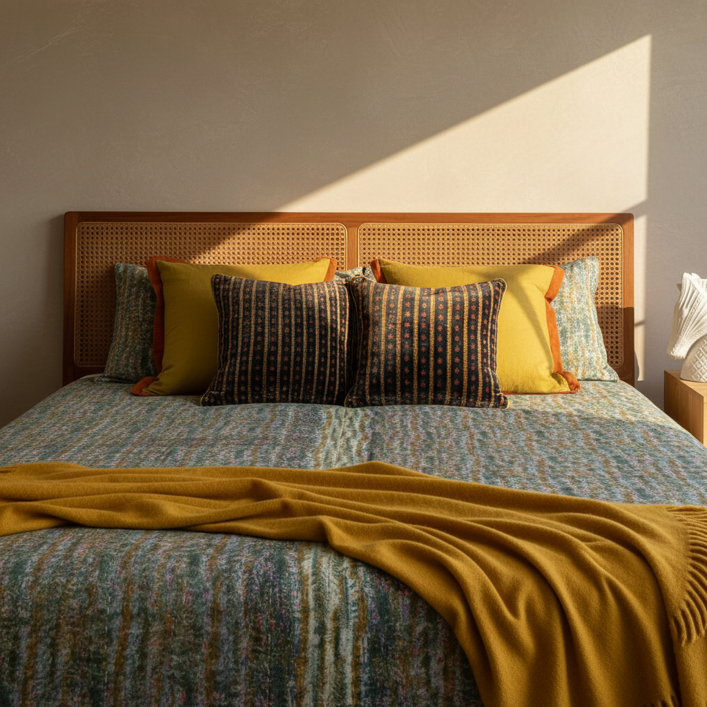 Mid-century king bed setting with teal gold underprint quilt, olive mustard euro pillowcases, navy silk velvet cushions with gold cord piping, citrine mohair throw at foot of bed