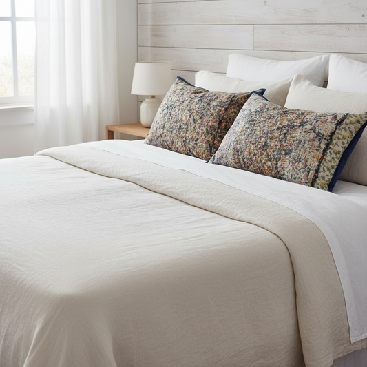 Rebel Abstract cushions on fresh off-white linen beach bed