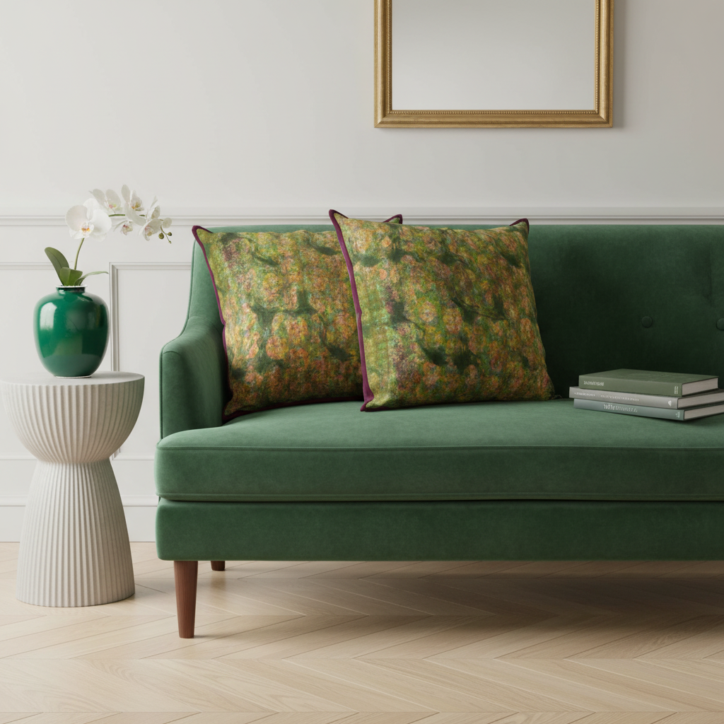 Editorial hero shot with artisan cushions and emerald green accents