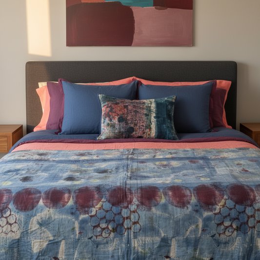 Blue Iris Dohar - luxury editorial with damson linen and blue damson euro cushions