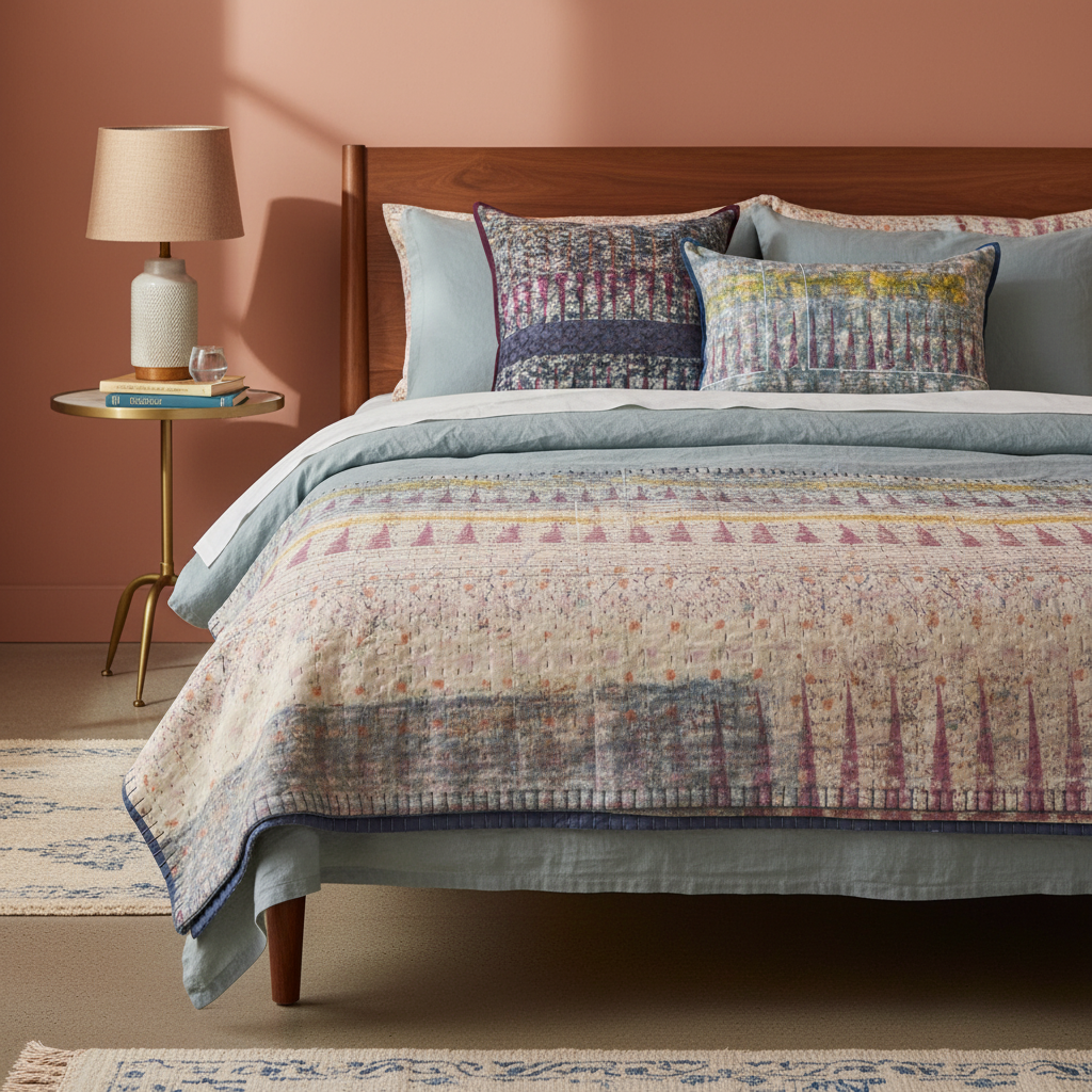 Lived-in mid-century bed setting with Faded Peaks quilt and cushions on duck egg blue-grey bedlinen